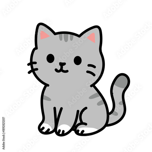 Adorable Cartoon Gray Tabby Cat with Stripes Sitting and Looking Forward vector illustration