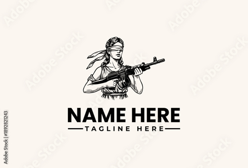 Black and white vector illustration of a female warrior holding a rifle with a bandana, designed for a logo or icon with a bold, graphic style against a clean background.