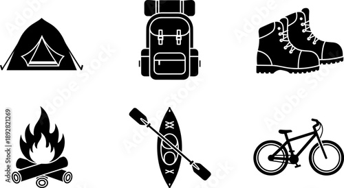 Collection of outdoor adventure icons including tent, backpack, boots, campfire, kayak, and bicycle