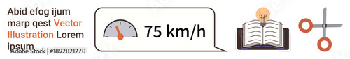 Education, creativity, speed monitoring, measurement tools, data analysis, crafting. A speedometer reading 75 kmh, an open book with a lightbulb and scissors. Education and creativity concepts