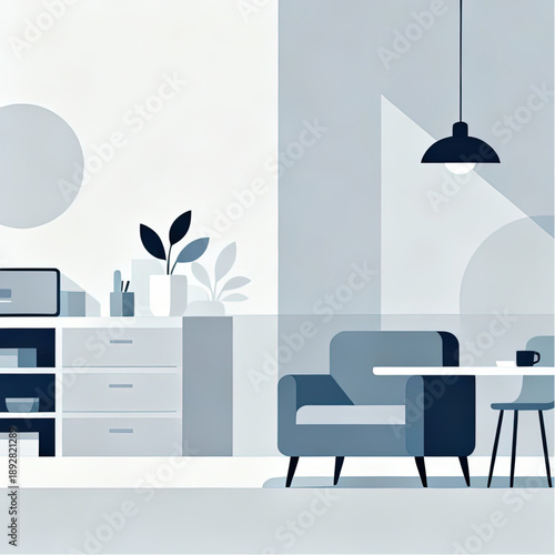 Clean graphic symbolizing routine and simplicity, with ordered, geometric office shapes, flat design, cold neutral tones.eps