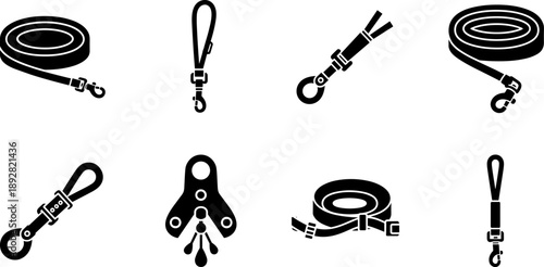 Collection of dog leash and harness clip icons with various designs and styles