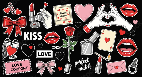 Valentine's Day icons and symbols collection featuring hearts, lips, and love-themed elements in a playful illustration