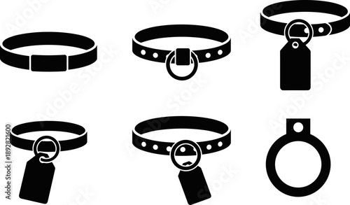 Collection of six black silhouette icons representing pet collars and tags on a white background
