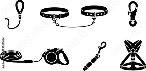 Collection of dog walking accessories including leashes, collars, harness, and clips