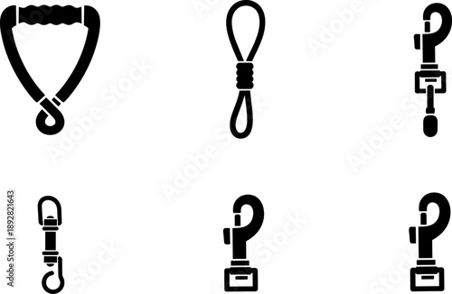 Collection of black silhouette icons representing various leash and strap hardware components