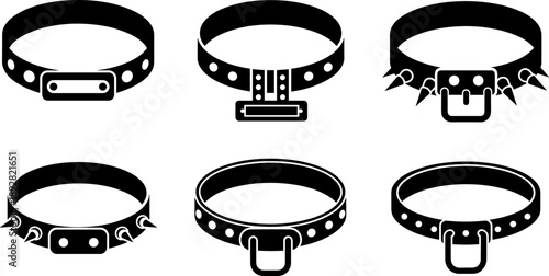 Collection of six different black collar icons with studs and buckles on white background
