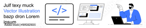 Software development, web design, programming, user interface, coding practices, technology tools. Code symbol, computer interface professional at desk. Software development and web design concepts
