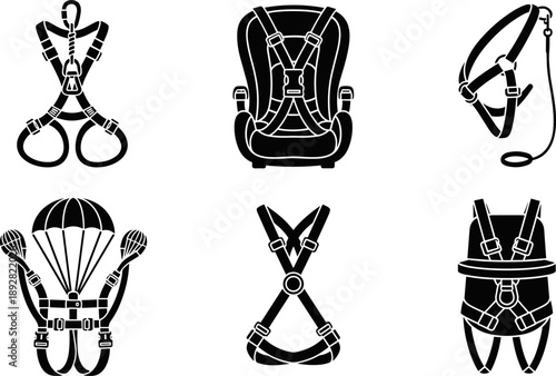 Collection of safety harnesses and restraints for various activities and purposes