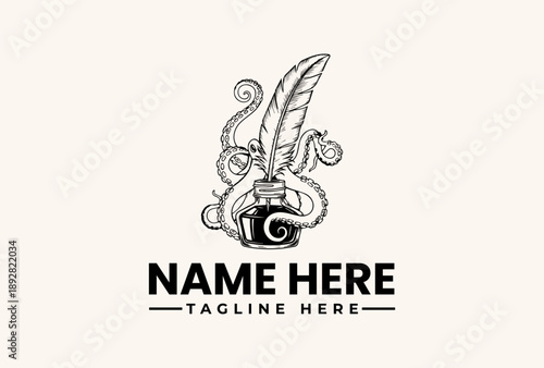 Black and white illustration of a feather quill pen and inkwell with ornate swirls on a beige background, forming a logo with space for a name and tagline.
