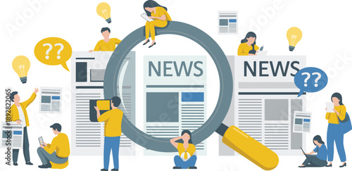 News literacy illustration with magnifying glass, readers, newspapers, and digital devices in colorful flat vector style for media and education themes.