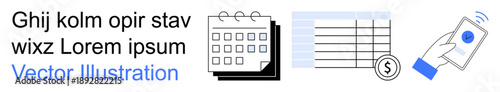 Financial planning, budgeting tools, payment solutions, digital economy navigation, e-commerce practices, and expense tracking. Calendar, table and mobile device. Financial planning and budgeting