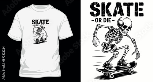 Skeleton skateboarding vintage t-shirt design with skate or die text