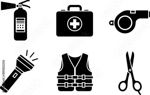 Collection of safety and emergency equipment icons on a white background