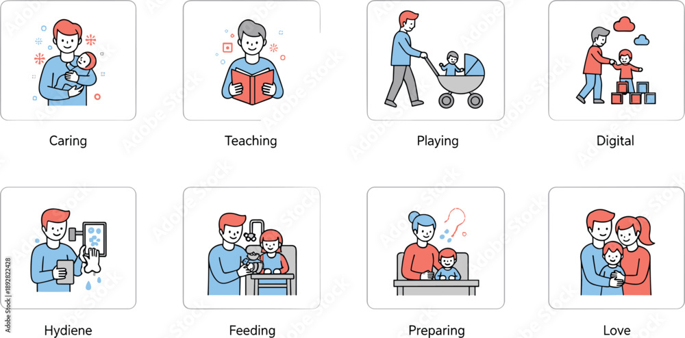 Fototapeta premium Parenting and caregiving concept illustration – cartoon-style icons of love, hygiene, feeding, teaching, and digital interaction in flat vector design