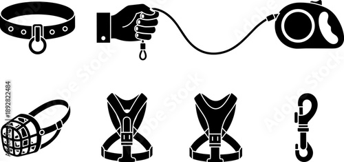 Collection of dog walking accessories including collar, leash, muzzle, and harness