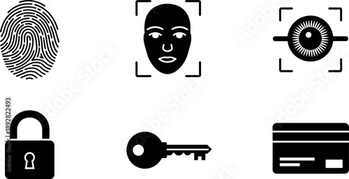 Collection of security and identification icons including fingerprint, face, eye, lock, key, and credit card