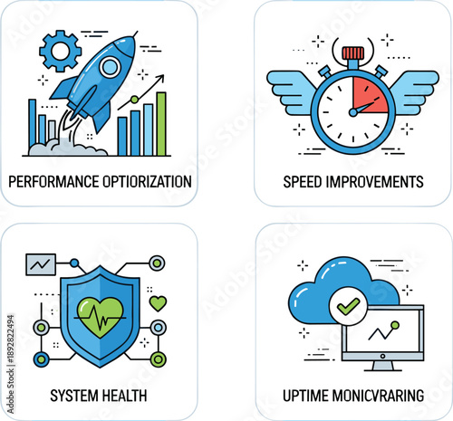performance, speed, system, health, uptime, icons, vector, cartoon, monitoring, optimization, shield, stopwatch, cloud, gear, rocket