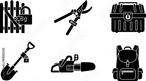 Collection of black icons representing security, tools, and outdoor gear on a white background