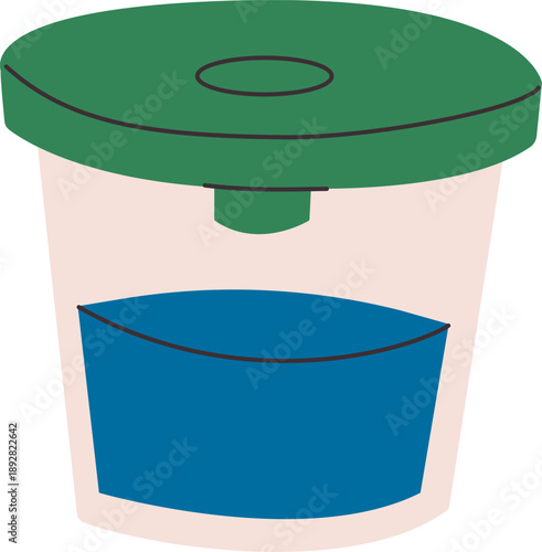 Medical specimen cup with blue liquid, plastic laboratory container with green lid flat illustration