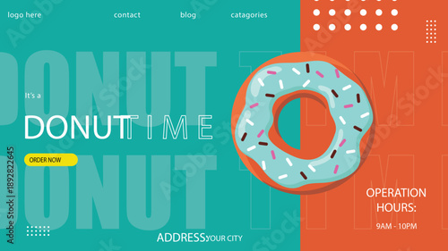 Vibrant promotional banner inviting customers to indulge in delicious donuts, featuring a brightly colored pastry illustration on a modern, playful background