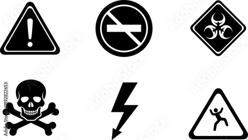 Collection of universal hazard and warning symbols on a white background