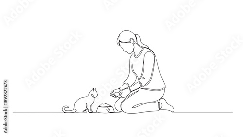 A continuous line drawing of a person feeding a cat from a bowl, illustrating pet care and companionship