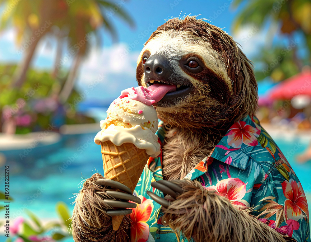 Obraz premium Faultier im Hawaihemd leckt am Eis
