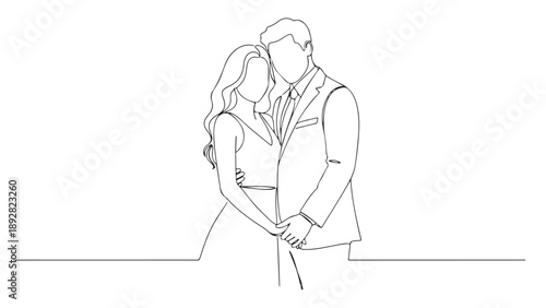 Continuous line art drawing of a loving couple embracing and holding hands, symbolizing connection, romance, and togetherness in a minimalist style