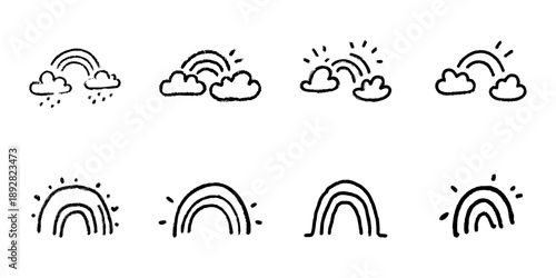 Rainbow And Cloud Line Icon Set In Doodle Style. Weather, Optimism, And Positivity Outline Sketch Collection. Hand Drawn Isolated Vector Illustration