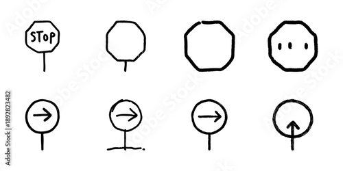 Traffic Sign Line Icon Set In Doodle Style. Road Safety, Navigation, And Directional Guidance Outline Sketch Collection. Hand Drawn Isolated Vector Illustration