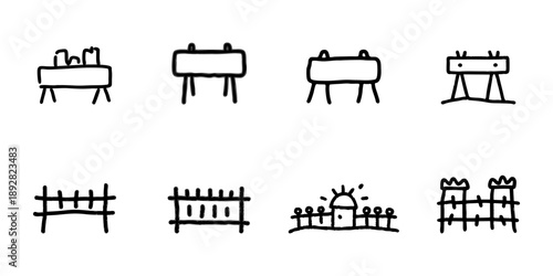 Construction Barriers And Fences Line Icon Set In Doodle Style. Road Safety, Site Security, And Urban Planning Outline Sketch Collection. Hand Drawn Isolated Vector Illustration