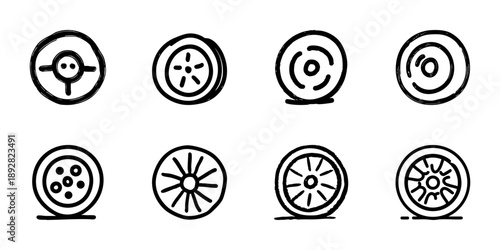 Steering Wheel And Tire Line Icon Set In Doodle Style. Automotive Control And Wheel Design Outline Sketch Collection. Vehicle Navigation And Transportation. Hand Drawn Isolated Vector Illustration