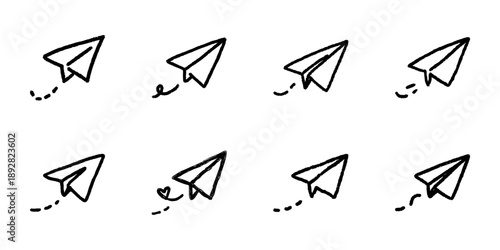 Paper Airplane Line Icon Set In Doodle Style. Communication, Creativity, And Freedom Outline Sketch Collection. Symbolizing Ideas And Messages. Hand Drawn Isolated Vector Illustration