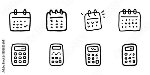 Calendar And Calculator Line Icon Set In Doodle Style. Time Management And Financial Calculation Outline Sketch Collection. Hand Drawn Isolated Vector Illustration