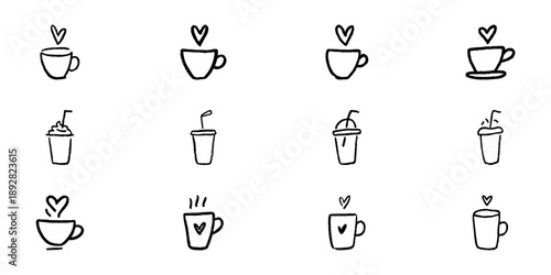 Coffee And Beverage Line Icon Set In Doodle Style. Cafe Culture, Hot And Cold Drink Symbols Outline Sketch Collection. Heart Motif And Straw Elements. Hand Drawn Isolated Vector Illustration
