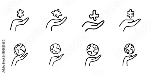 Hand Holding Puzzle Piece And Globe Line Icon Set In Doodle Style. Problem Solving, Global Responsibility, And Environmental Care Outline Sketch Collection. Hand Drawn Isolated Vector Illustration