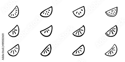 Lemon Wedge Line Icon Set In Doodle Style. Citrus Fruit, Freshness, And Vitamin C Outline Sketch Collection. Healthy Eating And Refreshment Symbols. Hand Drawn Isolated Vector Illustration