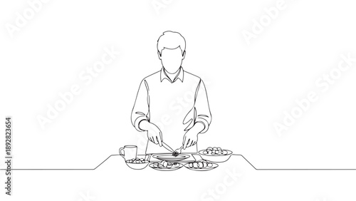 Minimalist Line Art Illustration of a Person Dining with Cutlery, Actively Enjoying a Meal at a Table, Representing Daily Lifestyle