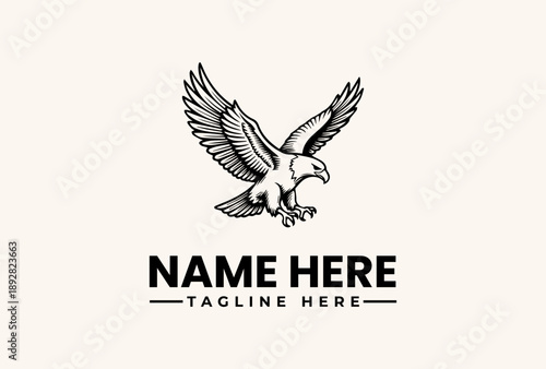 Black and white illustration of an eagle in flight with outstretched wings, forming a logo with a bold text 'NAME HERE' and 'TAGLINE HERE' on a clean background.
