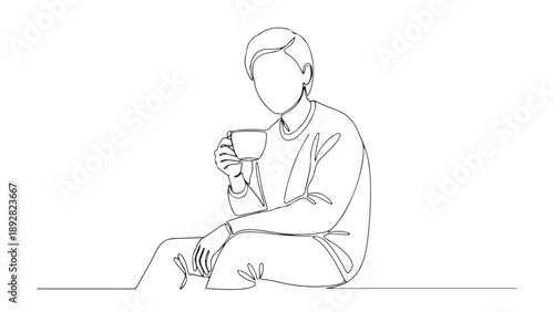 Continuous line drawing of a person sitting and enjoying a warm drink, embodying a minimalist and simple artistic style and design