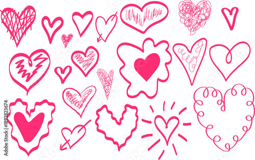 Playful set of hand-drawn pink heart doodles on white background, perfect for trendy Valentine cards, social media stickers, planners, journals and cute romantic graphic design.