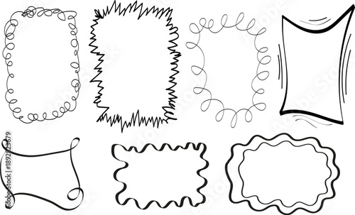 Whimsical set of hand-drawn doodle frames and borders in black on white, perfect for trendy notes, quotes, social media graphics, planners and playful scrapbooking designs.