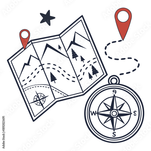 Map and navigation elements: location pins, route lines, and directional markers. Vector icons for travel planning, GPS, and journey visualization.