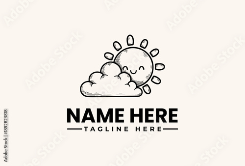 A smiling sun and cloud logo with a tagline on a beige background, featuring a simple black line illustration and placeholder text for a brand name and slogan.