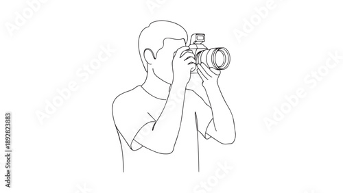 An illustrator's line drawing of a person taking a photograph with a camera, capturing a moment