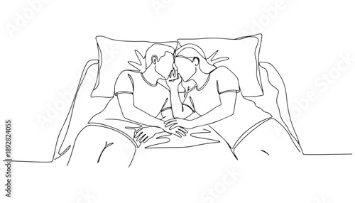 Minimalist continuous line art of a couple sharing intimate moments in bed, showcasing love, closeness, and emotional connection