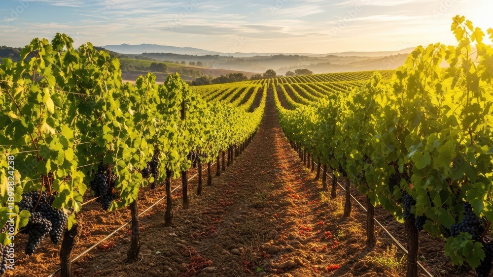 Obraz premium A serene vineyard landscape at sunset with lush green grapevines and rolling hills