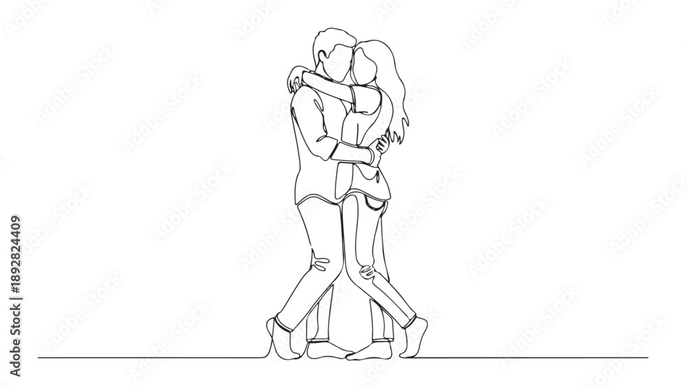 Fototapeta premium Continuous line drawing of a loving couple embracing, symbolizing connection, affection, and romantic togetherness in a minimalist style