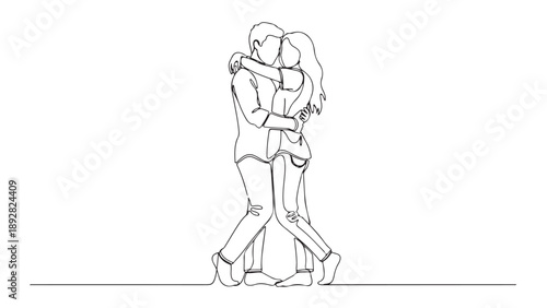 Continuous line drawing of a loving couple embracing, symbolizing connection, affection, and romantic togetherness in a minimalist style
